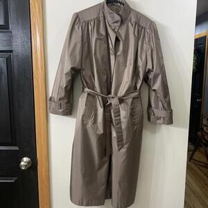 VTG Women Sz 18 Pearl Brown Long Trench Rain Coat Belted Removable Lining Retro​